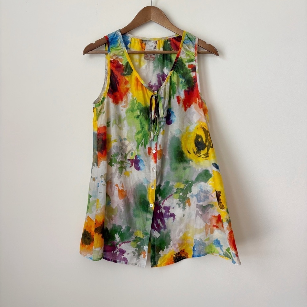 Da-Nang Floral Silk Button Front Tank Top Medium Boho Summer